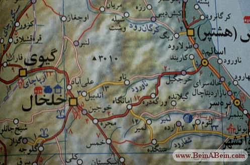 نقشه از اندبیل در شرق خلخال به سمت ناو و اسالم