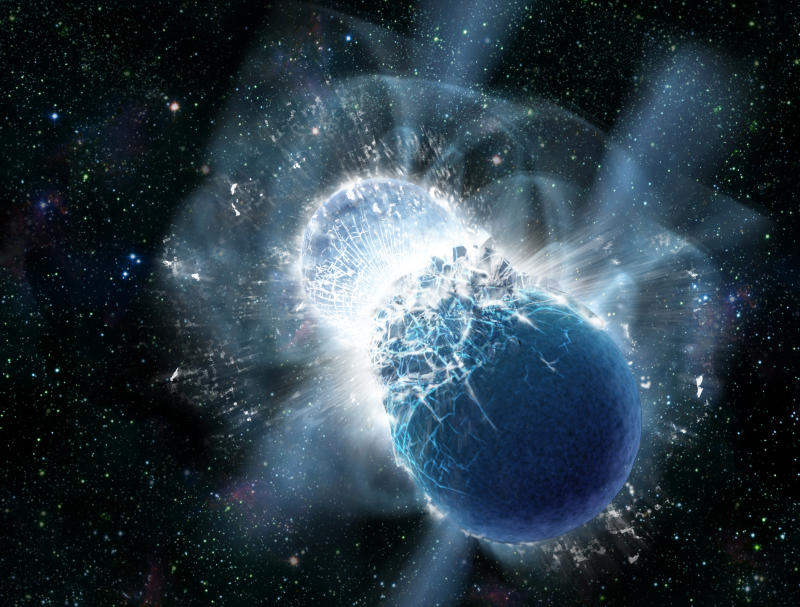 برخوردهای ستاره های نوترونی انفجارهای کوتاه اشعه گاما تولید می کنند. چنین برخورد عناصر سنگین نادر، از جمله طلا تولید می کنند.