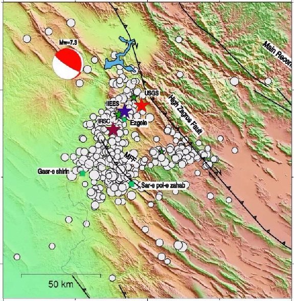 موقعیت زلزله 21 آبان کرمانشاه و پس‌لرزه‌های آن