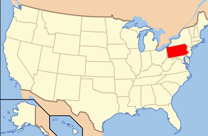 موقعیت مستعمره و ایالت فعلی پنسیلوانیا بروی نقشه ایالت متحده آمریکا