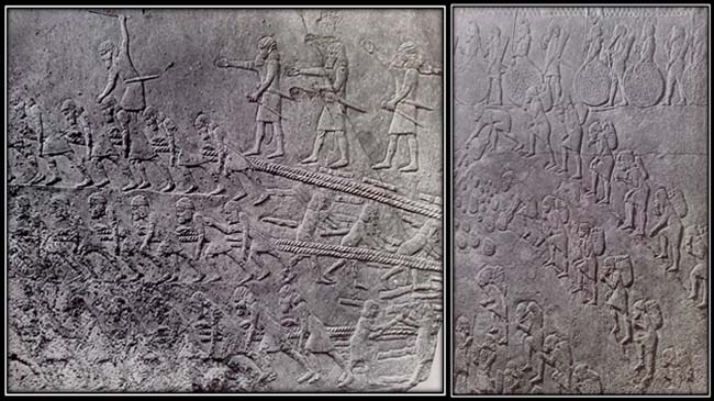 اسرا و بردگان در حال حمل سنگ و خاک (نقش برجسته از کاخ جنوبی سناخریب در نینوا))