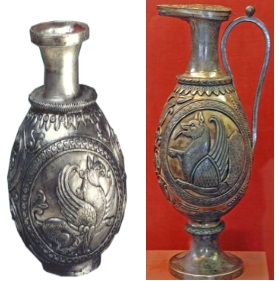 تصویر سمت راست: تنگ نقره ای دوره ساسانی موزه آرمیتاژ- تصویر سمت چپ: مولاژ گلدان نقره ای ، یافت شده در پنجکنت