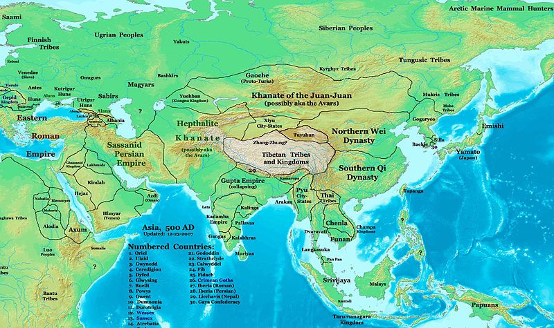 نقشهٔ دنیای متمدن، در حدود سال ۵۰۰ میلادی                                                                                                                                                                                                                                                                   