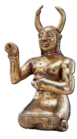 موجود شاخدار: تندیس 15 سانتی متری عیلامی ازج  جنس الکتروم 4000 ساله که موجود ماورائی شاخداری را نشان می‌دهد.