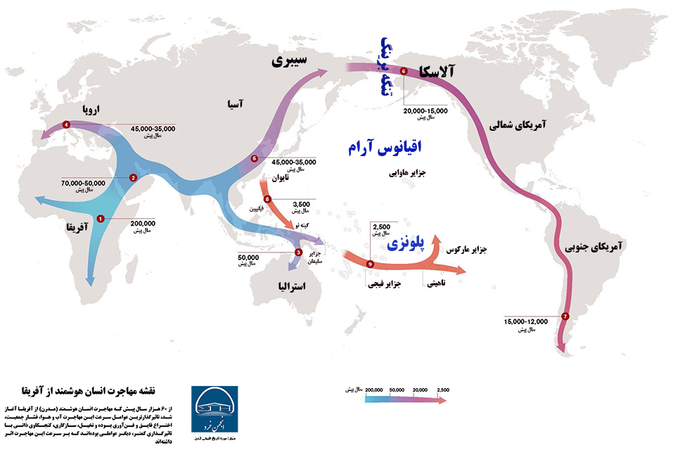 نقشه مهاجرت انسان هوشمند از آفریقا به سراسر جهان و آمریکای شمالی