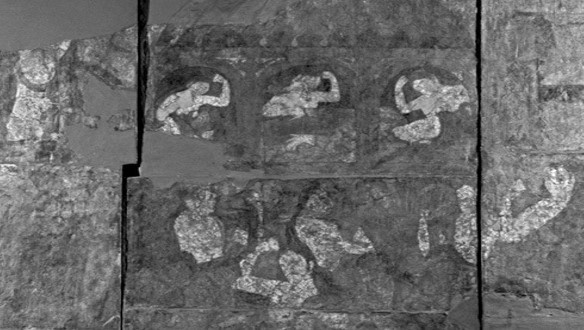 نقاشی دیواری در پنجکنت که مرگ سیاووش (ایزد) و تولد مجدد او را نشان می دهد.