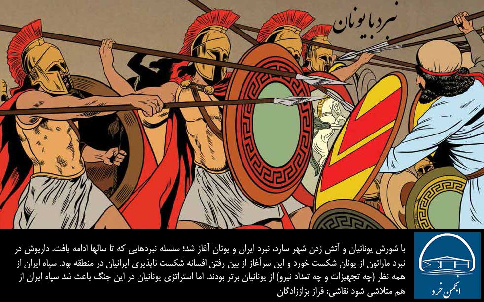 با شورش يونانيان و آتش زدن شهر سارد، نبرد ايران و يونان آغاز شد؛ سلسله نبردهايي كه تا سالها ادامه يافت. داريوش در نبرد ماراتون از يونان شكست خورد 