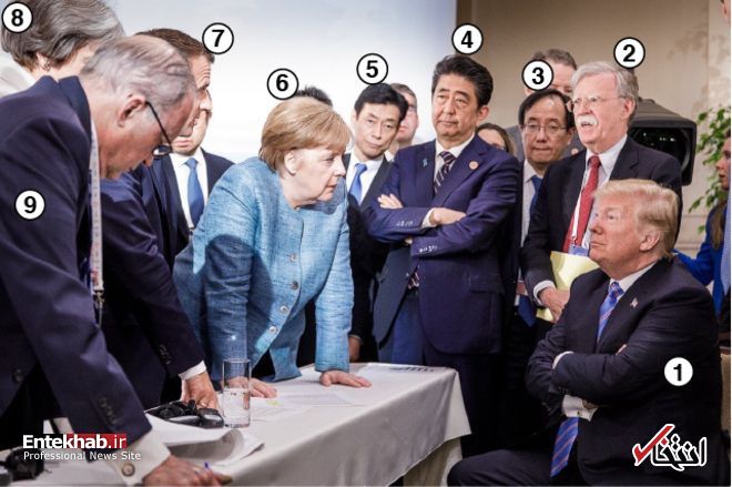 عکس منتشره از خانم مرکل  که آقای ترامپ را با گاردی بسته در برابر دیگر رهبران جهان نشان می‌دهد.