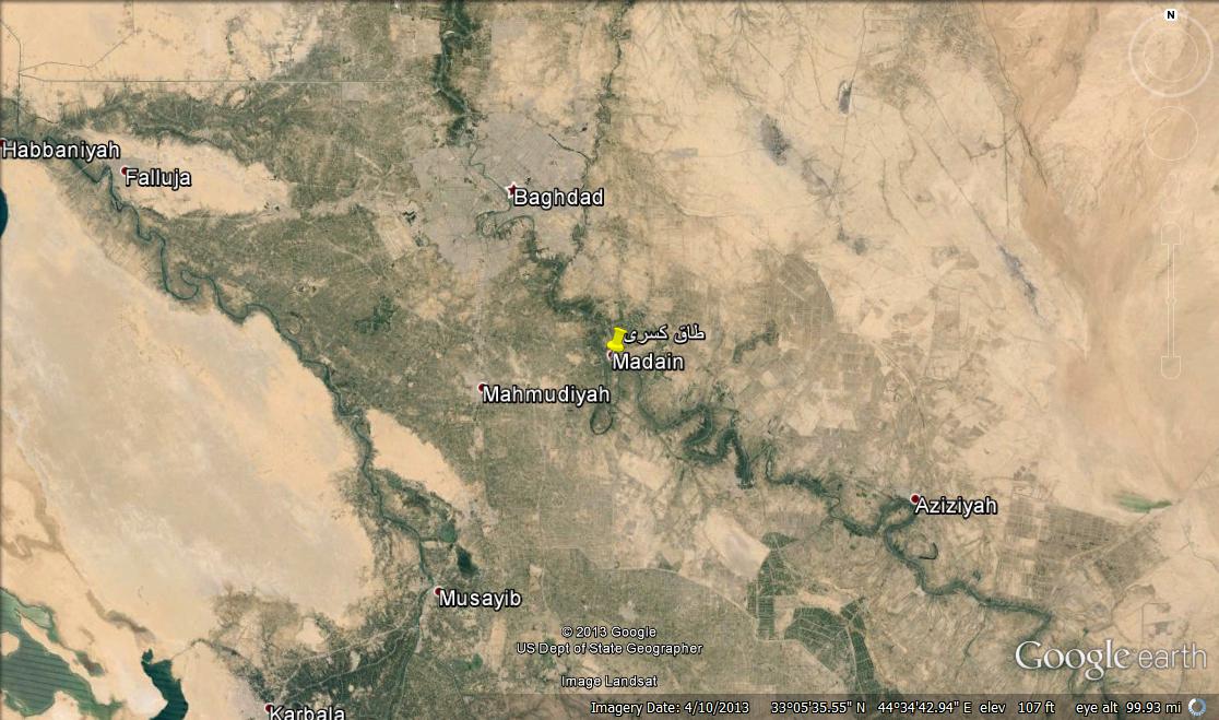 نقشه 1 – موقعیت جغرافیایی تیسفون (مدائن - Madain) و طاق کسری در جنوب شرقی بغداد و کناره شرقی دجله (Google earth)