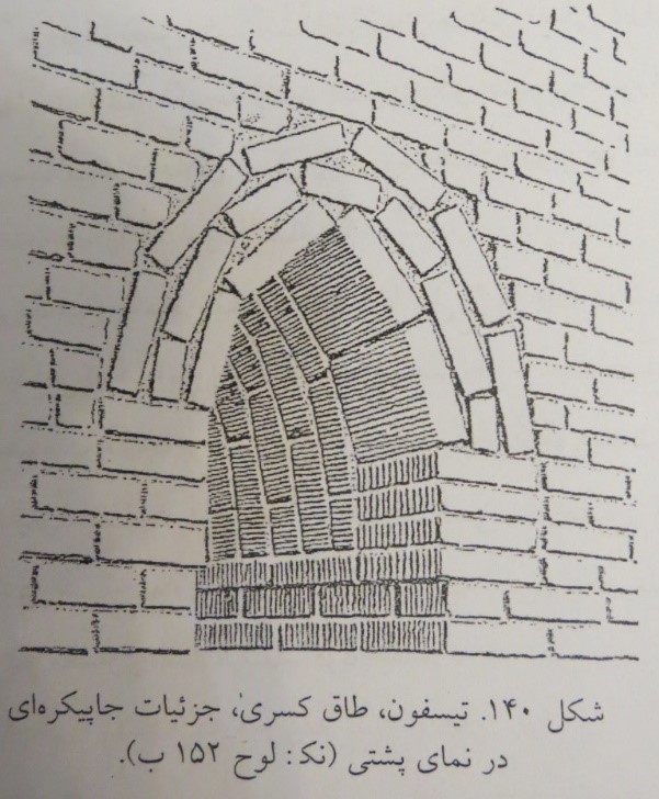 تصویر 10 – تیسفون، طاق کسری، جزئیات جا پیکره‌ای در نمای پشتی(رویتر، 1387:140)  
