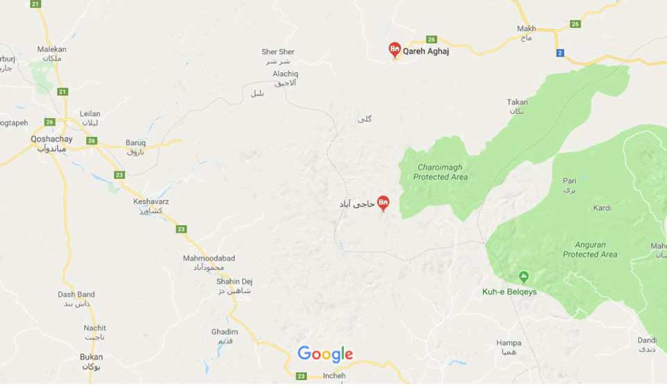 نقشه  آبشار غار حاجی آباد قره‌آقاج