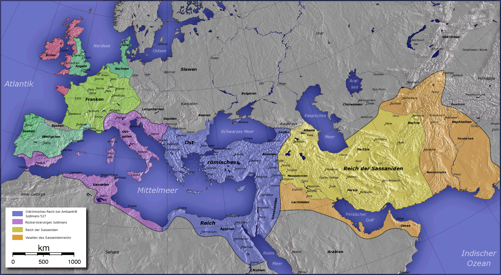نقشهٔ قلمرو ساسانی و بیزانس در سال ۵۶۲ میلادی