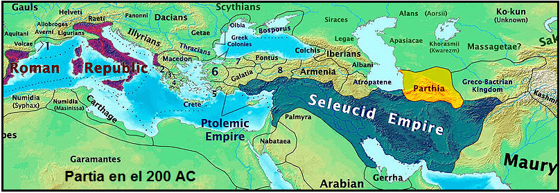 مناطق زیر سلطه سلوکیان و پارت‌ها در 200 پیش از میلاد