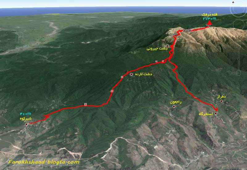 نقشه مسیر دسترسی به قله درفک