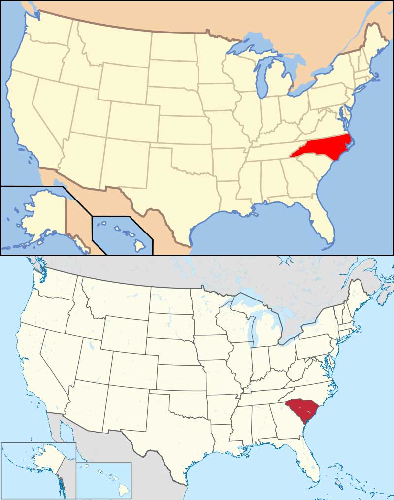 موقعیت مستعمره‌های و ایالت‌های فعلی کارولینای شمالی و جنوبی  بروی نقشه ایالت متحده آمریکا