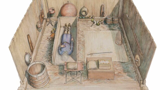 تصویری که باستان‌شناسان از وضعیت اولیه گور ارائه داده‌اند.