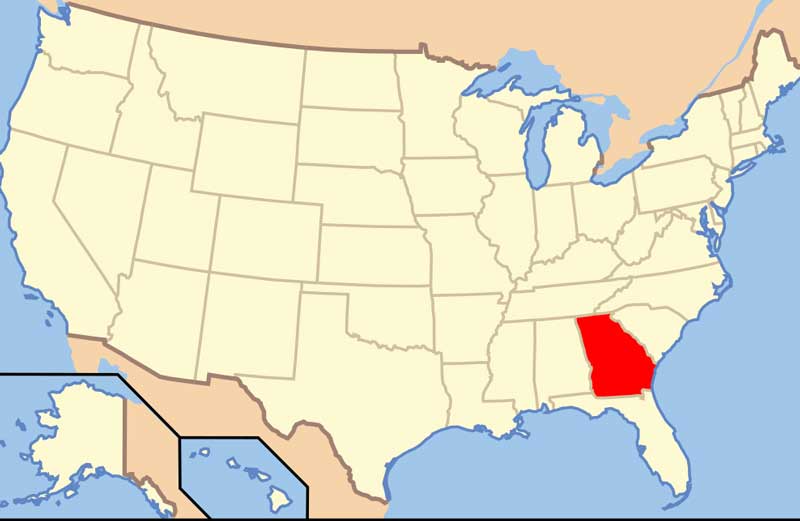 موقعیت مستعمره و ایالت فعلی جورجیا بروی نقشه ایالت متحده آمریکا