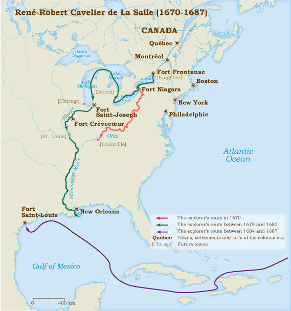 مسیر اکتشافات روئنه کاوالیه دو لاسال در بین سالهای 1670 تا 1687 میلادی در آمریکای شمالی