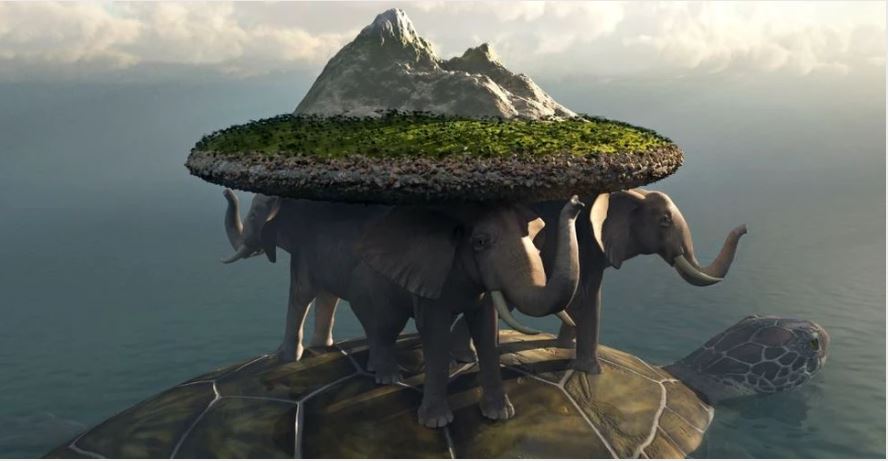 تصویر 1- زمین مسطح بر شانه ۴ فیل قرار دارد. فیلها نیز بر پشت چهار لاک پشت ایستاده اند