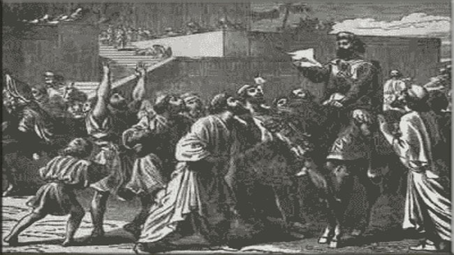 شاه کیاکسار (سوار بر اسب) کمی پس از آن که به تخت سلطنت نشست، مردان کشور خود را برای دفاع از سرزمینشان متحد ساخت. 