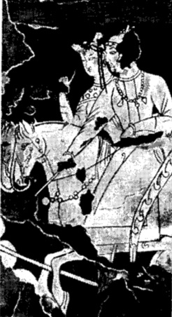 تصویر دو سوار کار همراه ملازمانش سده هفتم میلادی از پنجکنت