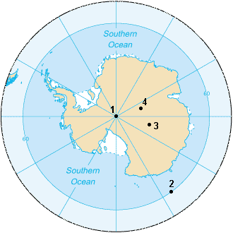 1.قطب جنوب جغرافیایی، 2.قطب جنوب مغناطیسی،3.قطب جنوب ژئومگنتیکی، 4.قطب جنوب دسترس ناپذیر