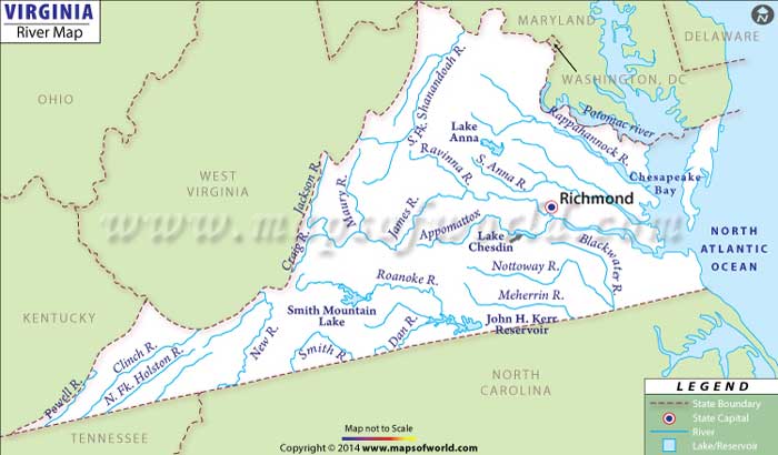 نقشه‌ای از رودخانه‌های ویرجینیا آمریکا