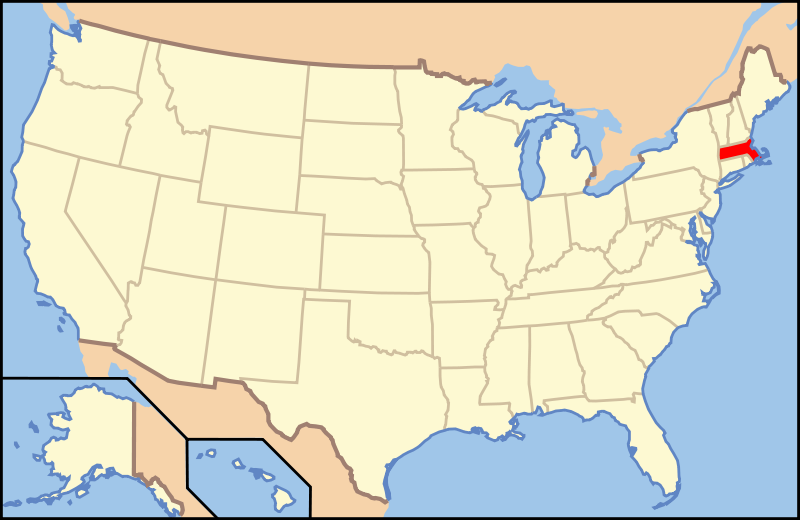 موقعیت مستعمره و ایالت فعلی ماساچوست بروی نقشه ایالت متحده آمریکا
