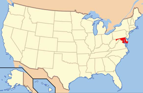 موقعیت مستعمره و ایالت فعلی مریلند بروی نقشه ایالت متحده آمریکا